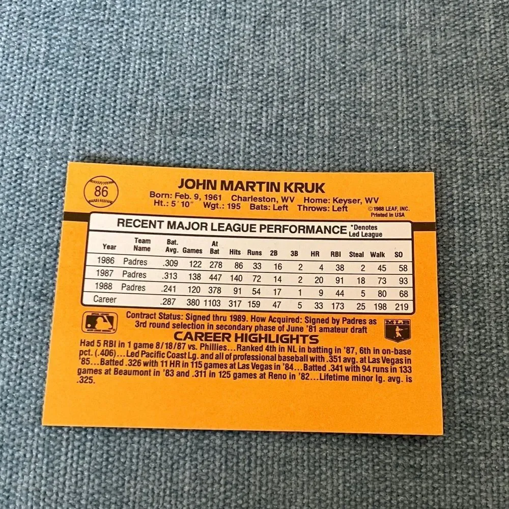 1989 Donruss San Diego Padres Baseball Card Trading Card